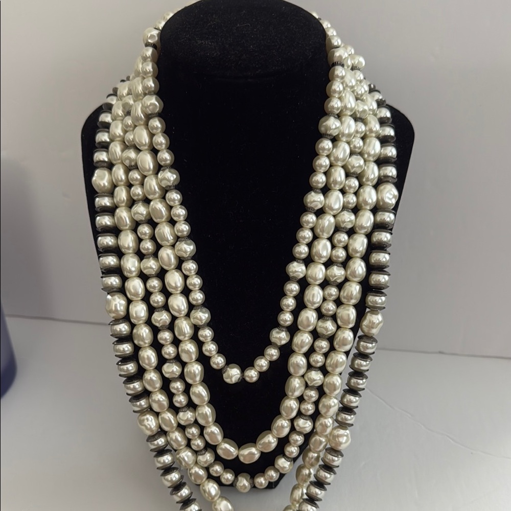Chico's Multi-Strand Pearl and Hematite Bead Necklace in White and Gray